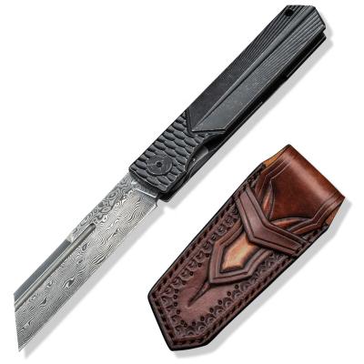 China Hot Open Slide Damascus Steel Blade Titanium Handle Higonokami Pocket Knives For Hunting Clip Folding Knife With Leather Sheath for sale