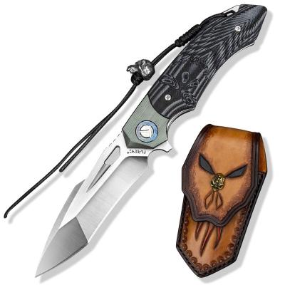 China Open Slide Damascus Handle EDC Titanium Steel Folding Knives With Clip And Leather Sheath Pocket Knife For Men Survival Outdoor Camping for sale