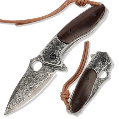 China Hunter Damascus Steel Open Pocket Knife Premium Outdoor Wood Handle Small Survival Small Slide Knife for sale