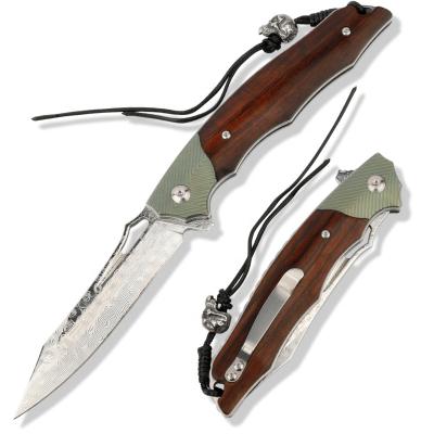 China Open Slide Factory Supplying Utility Tool Daily Survival Maintenance EDC Damascus Ironwood Folding Pocket Camping Utility Knife for sale