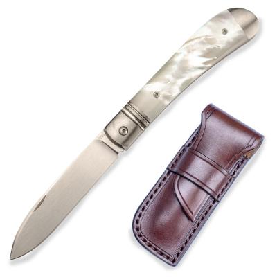 China Slide Open Best Quality Vegetable Tanned Leather Sheath Titanium Handle M390 Pocket Knives Folding Bass Knife Multi Tool for sale