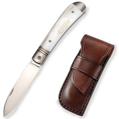 China Slide Bohler M390 Multi Functional Steel Knives Open Handle High End Folding Pocket Knife Titanium Leather Sheath for sale