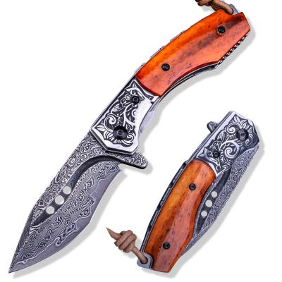 China Sharp Open Slide Survival Outdoor Camping Hunting Tactical Bone Handle Tanto Blade Pocket Knives Damascus Steel Folding Knife for sale