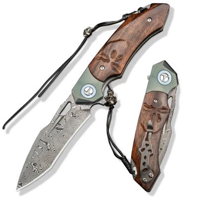 China Titanium and Ironwood Handle Damascus Blade EDC Steel Open Folding Knives and Ironwood Slide with Clip Pocket Knife for Survival Outdoor Camping for sale