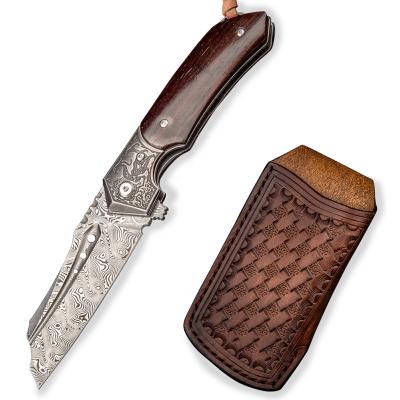 China Hot Selling EDC Slide Open Daily Outdoor Tool Survival Hot Sale Damascus Handle Pocket Knife Folding Folding Folder Steel Wood Knife for sale