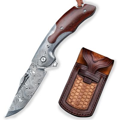 China New Design Open Slide Damascus Rosewood Steel Open Knife Folding Multifunctional Pocket Knives With Leather Sheath for sale