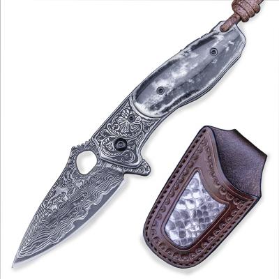 China Open Slide Quality Guaranteed Survival Knives Damascus Bone Steel Handle Pocket Knife for sale