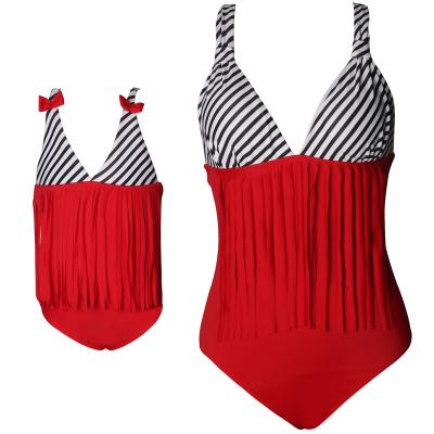 China Family Matching Tassel Swimsuit One Piece Cross Breathable Backless Swimwear Set Mother Daughter Swimsuits for sale