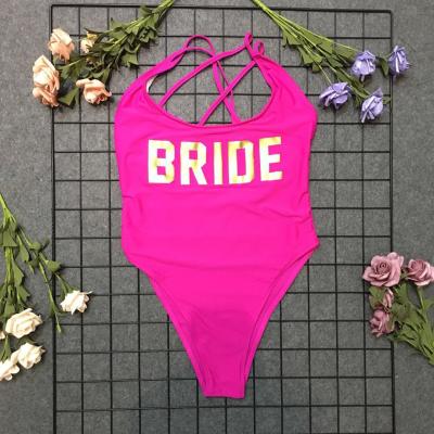 China Breathable Slogan Swimsuit Team Bride Graphic One-Piece Swimsuit Maroc Sparkle Swimsuit Bride for sale