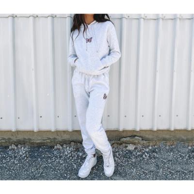 China Breathable 2 Piece Set Sweat Suit Solid Color Women Butterfly Print Long Sleeve Hooded Sweatshirt Tracksuit for sale