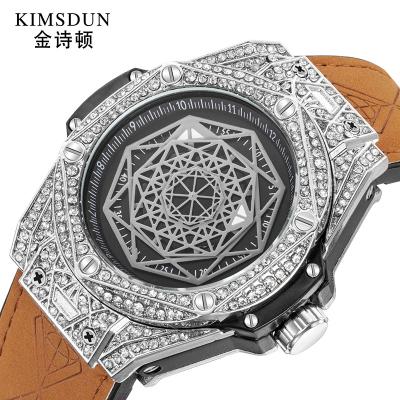 China Date KIMSDUN K-109D Fashion Men Fashion Diamond Watch Leather Luminous Waterproof Sports Quartz Automatic Watch for sale