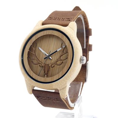 China Automatic Design Deer Head Design Date 2017 Bamboo Wooden Quartz Watches Mens Womens Retro Luxury Genuine Leather Wrist Watch for sale