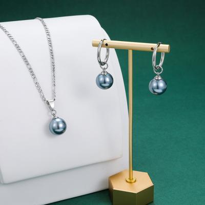 China Hard Pearl Jewelry Set Colorful Round Pearl Simple Fashion Inlaid Necklace Earrings Stainless Steel Jewelry Set for sale