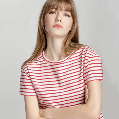 China New Sustainable Bamboo Fiber Summer Blue And White Striped T-shirt Korean Loose Short Sleeve for sale