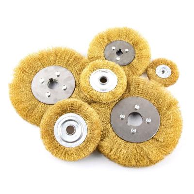 China 0.13mm Diameter Flexible Industrial Bristle Wire Wheel Flat Crimped Brass Brushes For Polishing Deburring Cleaning for sale