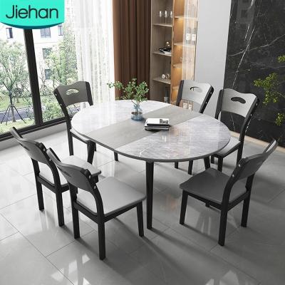 China (Other) 2021 Hot Selling Nordic Gray Modern Wood Furniture Space Saving Adjustable Extendable Round Dining Table Set With 6 Chairs for sale