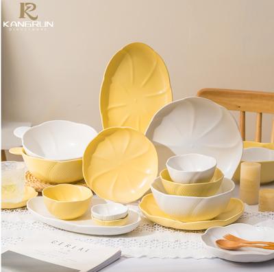 China Dishes and Bowls Sets Sustainable Dinnerware Yellow and White Dishes Sets Tableware Bone China Restaurant Fine Stoneware Dinnerware Wholesale for sale