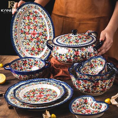 China Viable Polish Floral Porcelain Dim Sum Style Dim Sum Dish and Plate Baking Sets Ceramic Salad Dinnerware Set Porcelain Bowl Dish Plate for sale