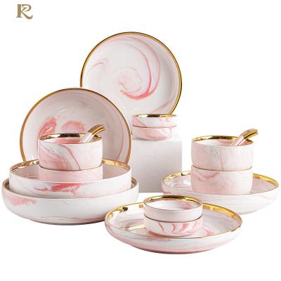 China Pottery Sustainable Luxury Wedding Gold Edged Line Plates Ceramic Dinnerware Dining Dish And Bowl Marble Dinner Set Porcelain Wholesale for sale