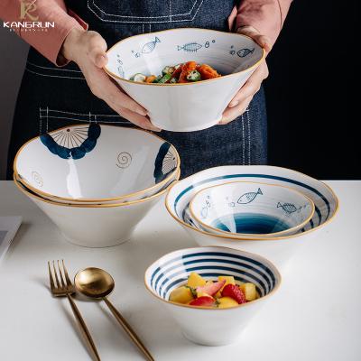 China Viable Design Japanese High Quality Porcelain 6/8inch Ceramic Dinner Soup Bowl Underglazed Noodle Fruit Salad Bowl Tableware for sale