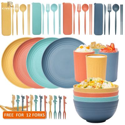 China Large Inventory Disposable Light Weight 16pcs Unbreakable Straw Dinnerware Sets Kids 16 Piece Wheat Set for sale