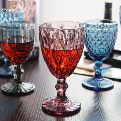 China Drop Resistant Pink&Blue Diamond Drinking Colored Glass Water Wine Cup Factory Supply Wedding Champagne Cups Embossed Transparent Goblet Glass for sale