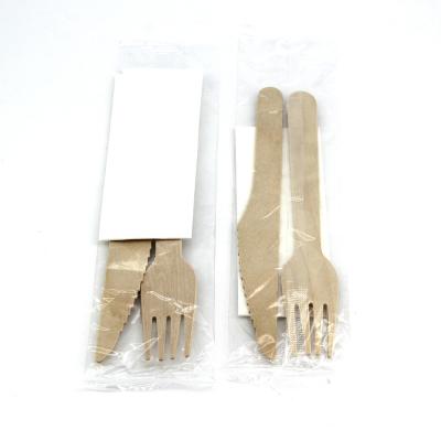 China Disposable Cutlery Set Three Cutlery Knife Fork Biodegradable Wooden Napkin Set In Opp Bag for sale