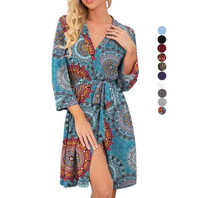 China QUICK DRY Long Kimono Robes Women Long Knit Bathrobe Lightweight Soft Knit Casual Ladies Loungewear V-neck Sleepwear for sale