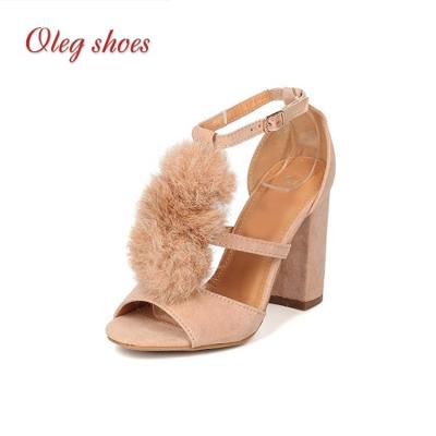 China Durable Women Block Heel Sandal Faux Suede Peep Toe Pom Pom Heels Shoes for sale