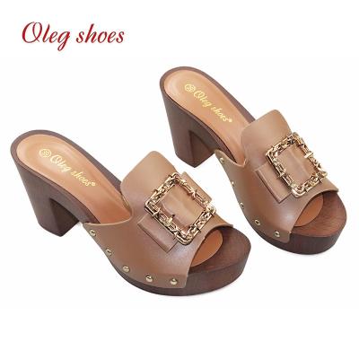 China Durable Black High Heel Sandals Women's Shoes Wooden Slide Fashion Heel Slipper for sale