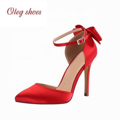 China Durable Pumps Women High Heel Bow Ankle Strap Royal Red Evening Dance Wedding Satin Shoes for sale