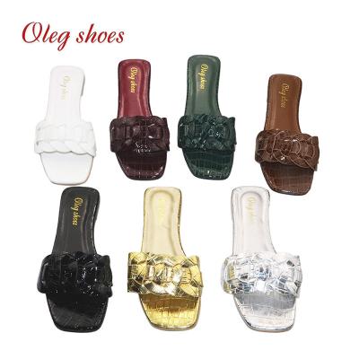 China Customized Cheap Square Toe Flat Toe PU Women Slippers Anti-slippery Sandals In Stock for sale