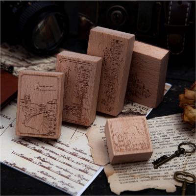 China New retro dreamy decoration city wooden rubber stamp diy craft letters diary journal hand-decorated wooden stamps for sale