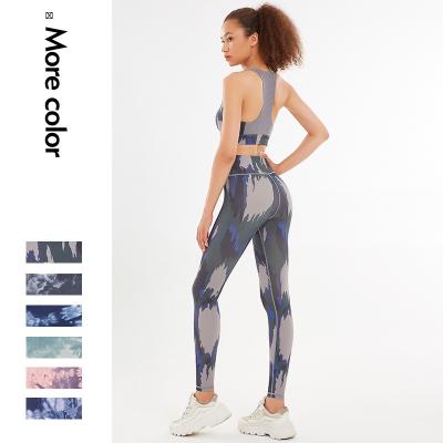 China Wholesale Breathable Women Sports Plus Size Two Piece Tie Dye Leggings Set Ribbed Yoga Legging Sets Fitness Women for sale