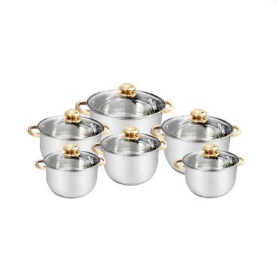 China Sustainable European Home Cookware 12Pcs Stainless Steel Set Cooking Pots And Pans With Glass Cover Gold Handle for sale