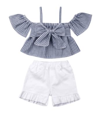 China Casual Girls Striped Rocket Sleeve Cotton Worsted Clothing Sets Kids Sleeveless Shirt And Shorts Bows Sets for sale