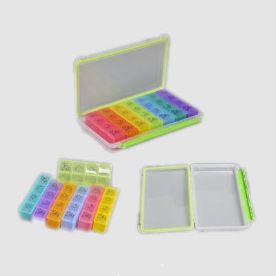 China Lightweight Weekly 28 Days Small Plastic Drugs Box Portable Dispenser Pill Box for sale