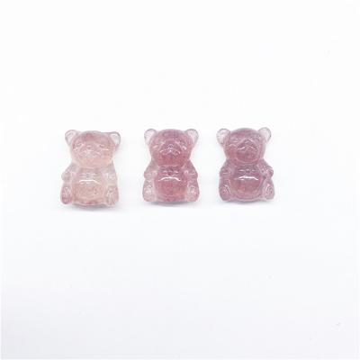 China Feng Shui Bear Wholesale Natural Pink Crystal Gemstone Mini Strawberry Quartz Carving For DIY Pendant for sale