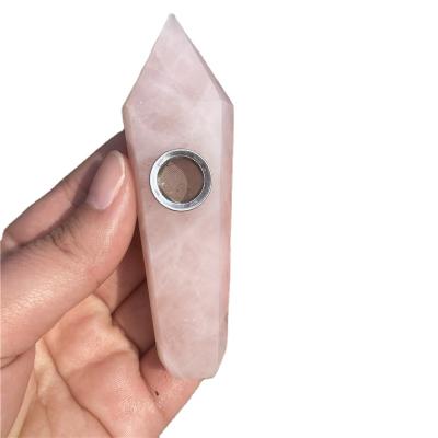 China Feng Shui Wholesale Natural Rose Crystal Tobacco Pipe Gemstone Wand Quartz Smoking Pipe For Sale for sale