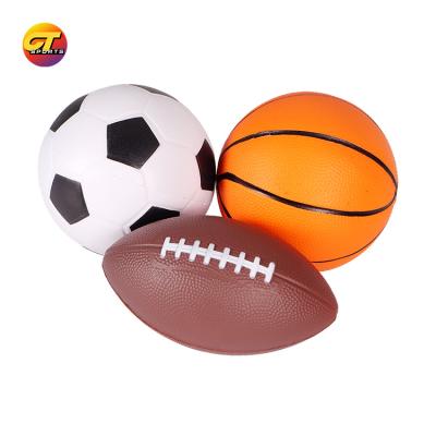 China Sports Toy Custom Printed Football Pu Foam Soccer Ball And Basketball And Rugby Stress Squeeze Ball 3 PK for sale