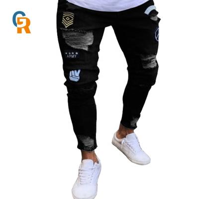 China Viable Wholesale Distressed Worn Badge Pants Art Patch Skinny Slim Trousers Men's Jeans for sale