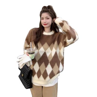 China Round knitted sweater women custom fashion style Anti-wrinkle diamond new retro round neck sweater women's sweater for sale