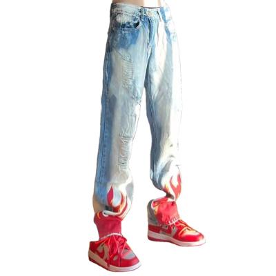 China Sustainable Ladies Fashion Red Flame New Design Hot Sale Ripped Jeans Custom Wholesale for sale