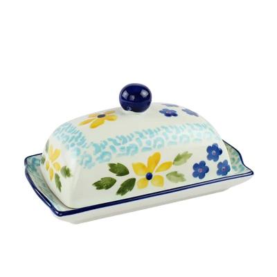 China Viable Custom Flower Hand Painted Lid Vintage Cow Butter Storage Container Ceramic Rectangular Dish With Cover for sale