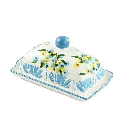 China European Vintage Hand Painted Lid Flower Viable Lid Ceramic Cow Butter Storage Dish Rectangular Container With Cover for sale