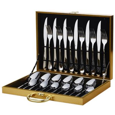 China Viable Custom Reusable Luxury Stainless Steel Flatware Sets With Gift Box Gold Dinnerware Sets Manufacturer Wholesale Cutlery Set 24pcs for sale