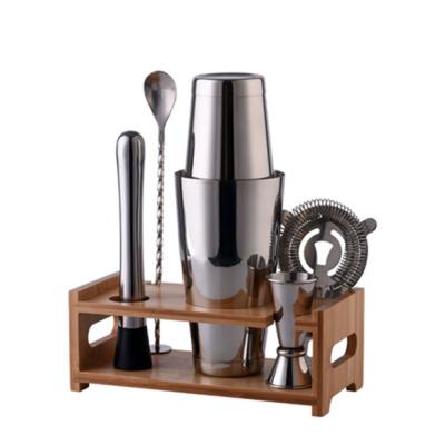 China Wholesale Bar Shaker Metal Boston Shakers Custom 7 Piece Wine Mixer Tool Kit Stainless Steel Stainless Steel Wooden Frame With Logo for sale