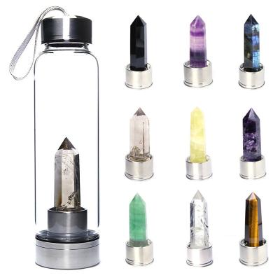 China 2022 Sustainable Quality 550ml Crystal Gemstone Healing Energy Custom Logo Stainless Steel Crystal Gem Glass Water Bottle With Bamboo Lid for sale