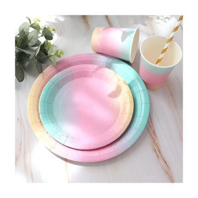 China Hot Sale Party Tableware Festival Decoration Disposable Birthday Dessert Table Cake Paper Plate Bronzing Rainbow Dish Decoration Dinner Plate for sale