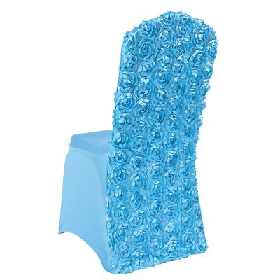 China Modern Factory Direct Custom Stretch Spandex Chair Covers With Rosette Satin Flower For Wedding Banquet Party Decoration for sale